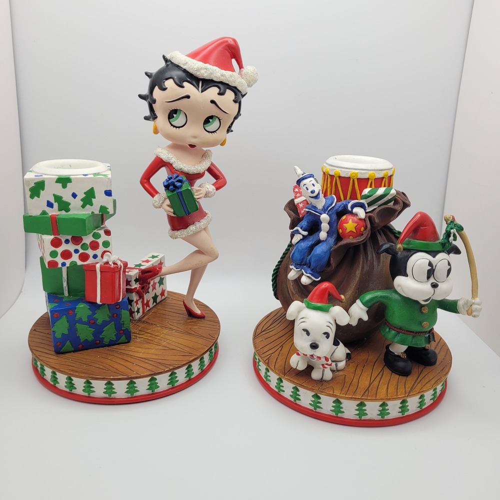 Betty Boop "Santas Helper" Candle Holder Set Christmas Bimbo Pudgy Resin Holiday
